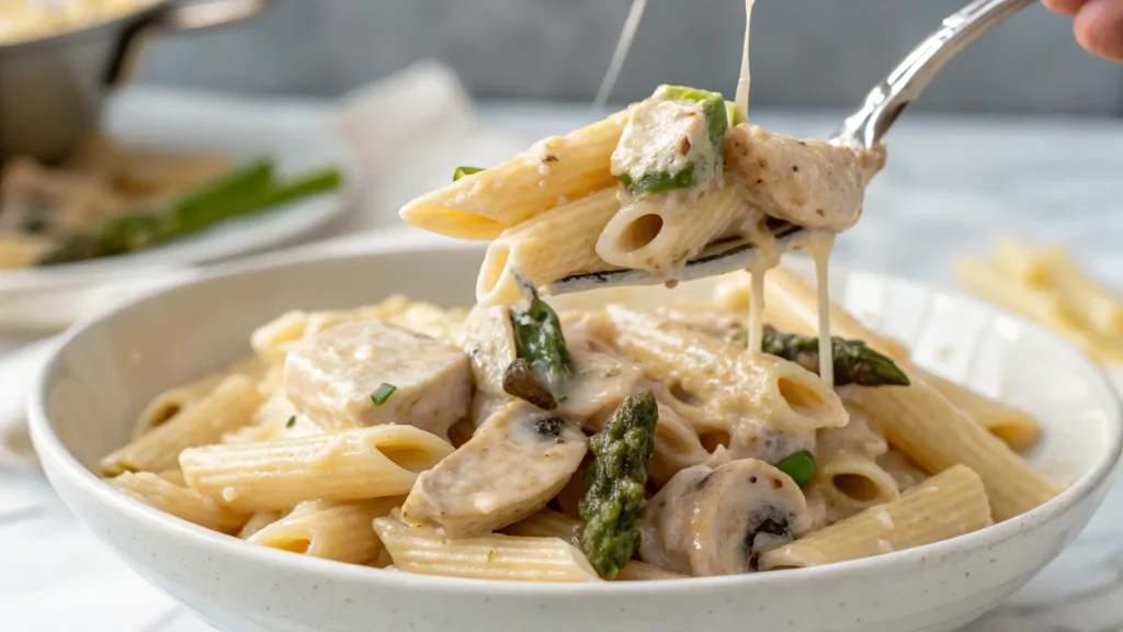 Creamy Mushroom and Asparagus Chicken Penne