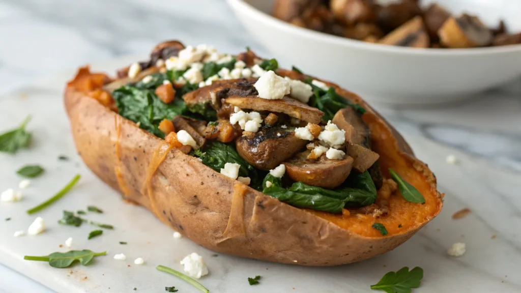 Stuffed Sweet Potatoes with Spinach, Mushroom, & Feta in a plate