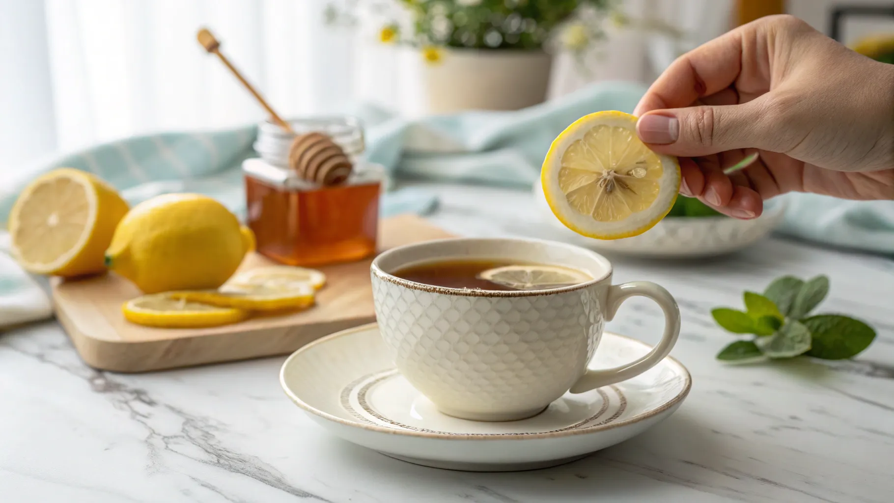 Placing a lemon slice on Honey Ginger Lemon Tea