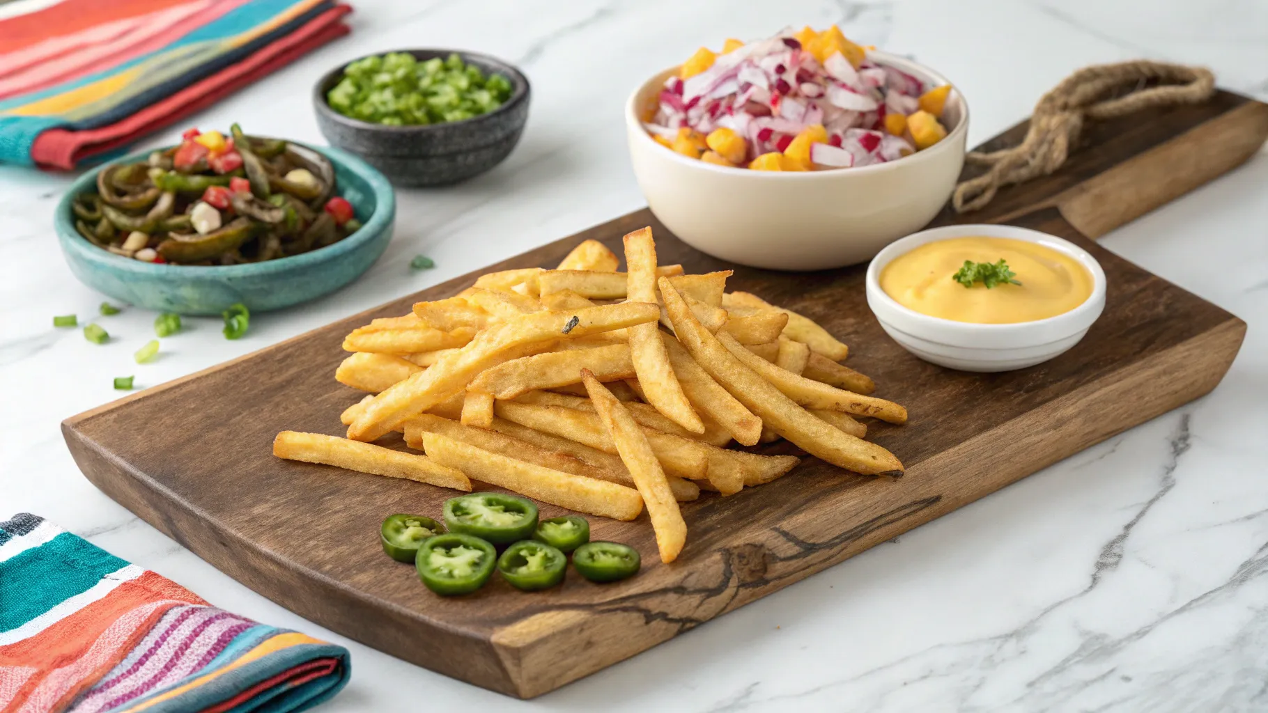 large-rustic-wooden-board-with-cheese-sauce for Fries