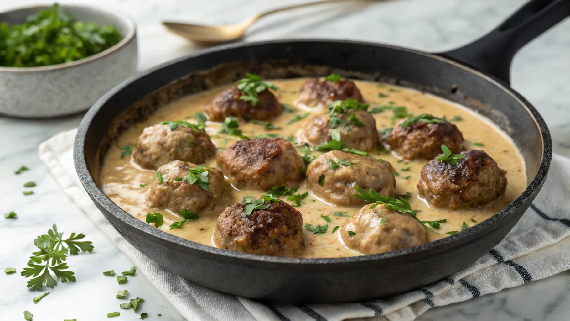 a skillet of Swedish Meatballs