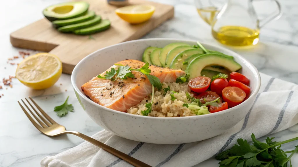 Lemon Herb Salmon and Avocado Quinoa Bowl