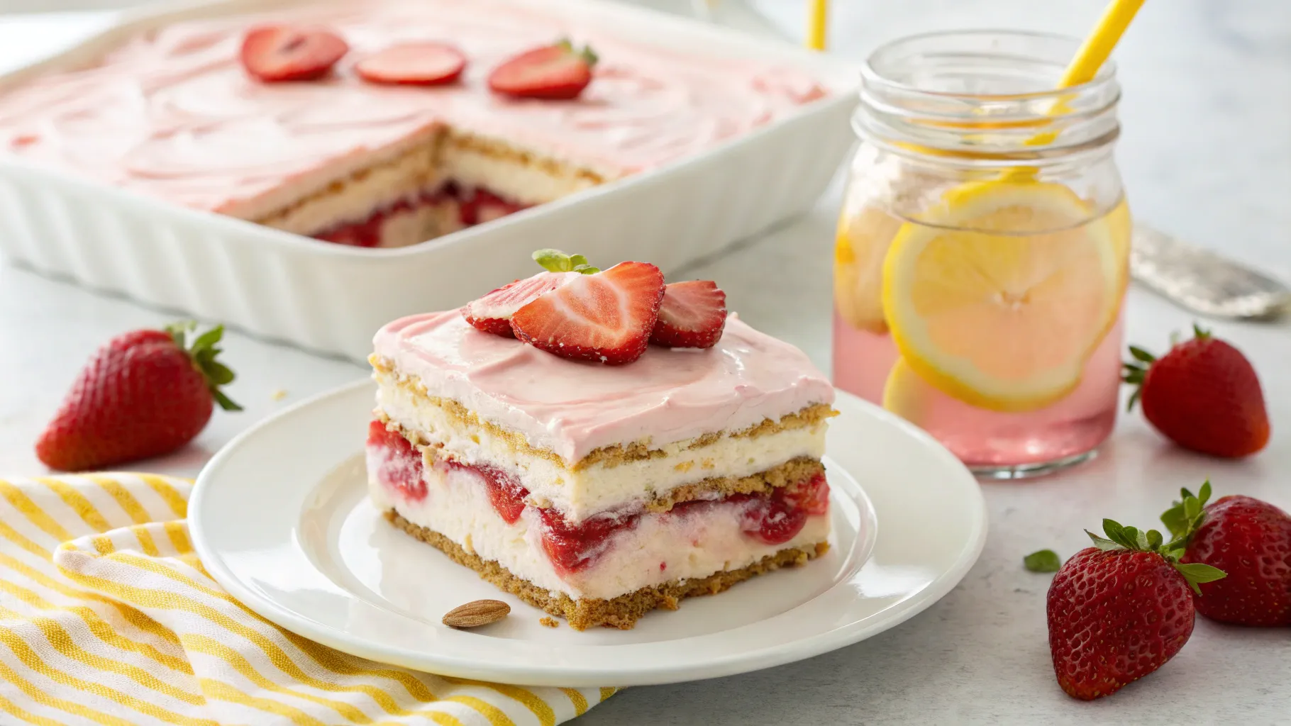 Strawberry Éclair Cake served with lemonade