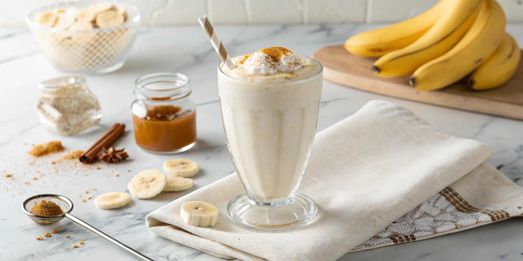 a glass of Banana Milkshake Without Ice Cream
