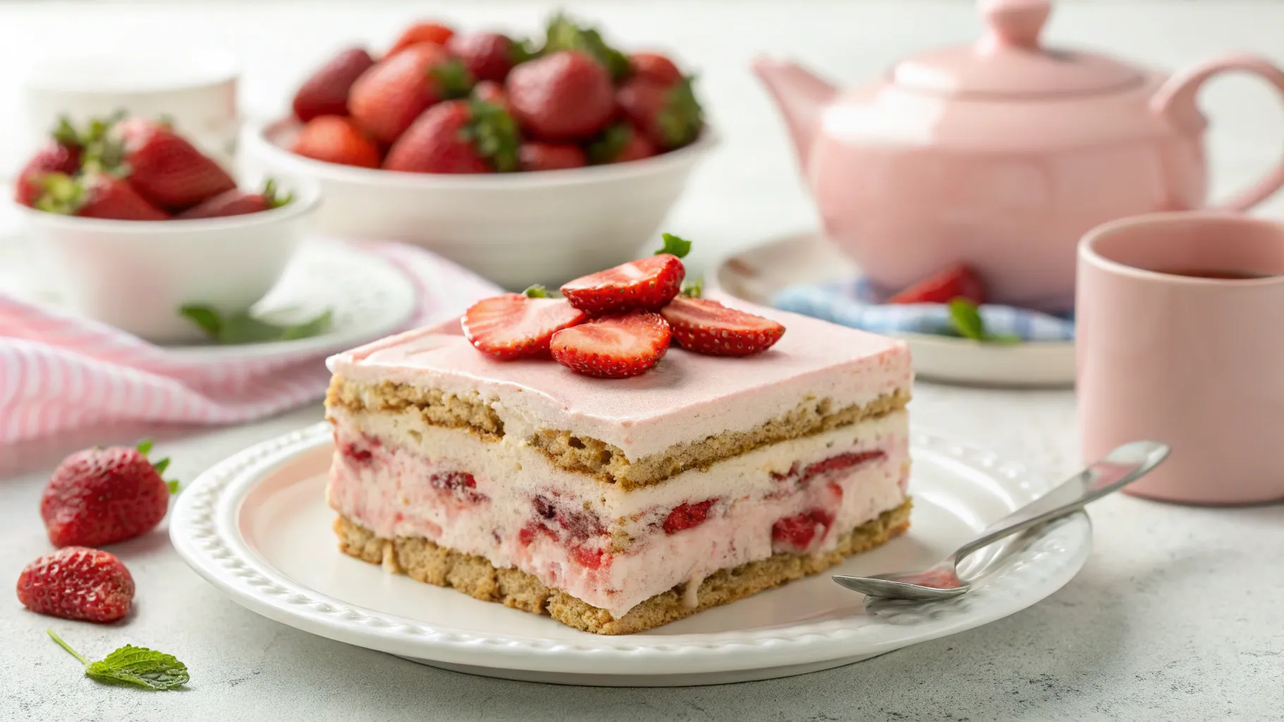 a slice of Strawberry Éclair Cake