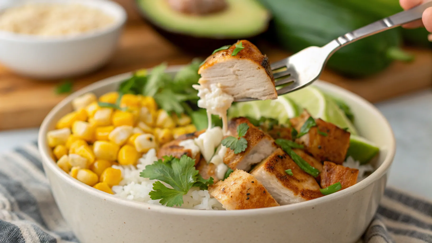 a fork lifting a bite of Street Corn Chicken Rice Bowl