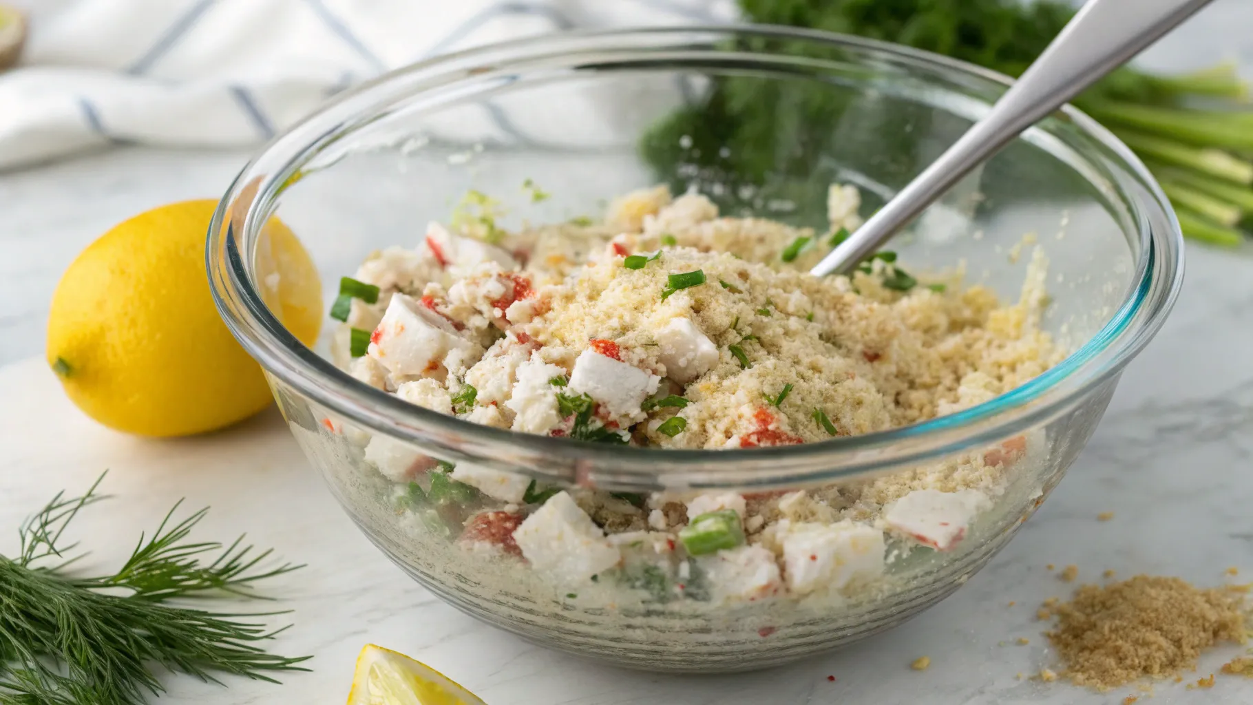 Preparing the filling for Crab Cake Egg Rolls with Lemon Dip