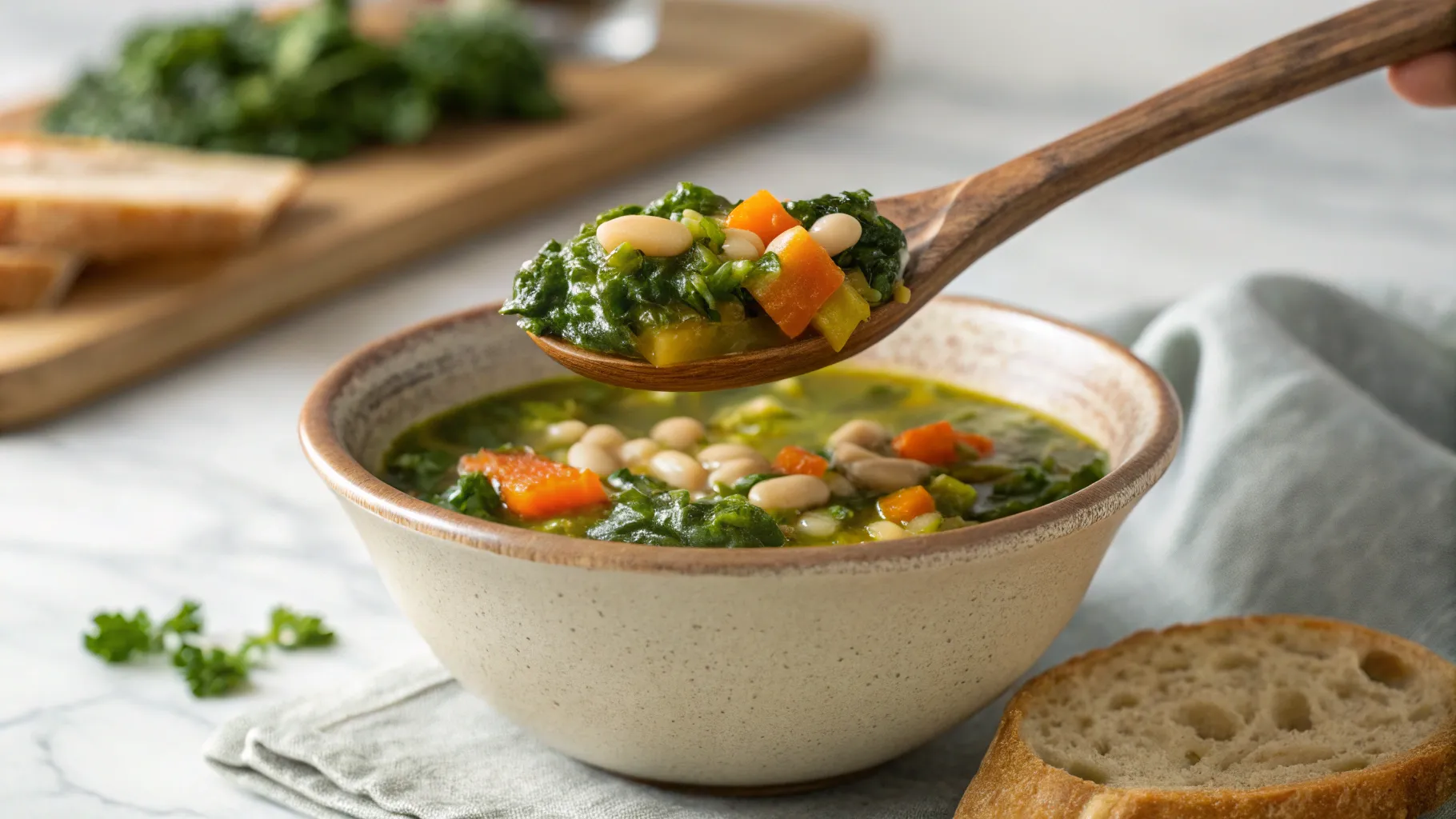 a-close-up-shot-of-spoon-of-kale-soup