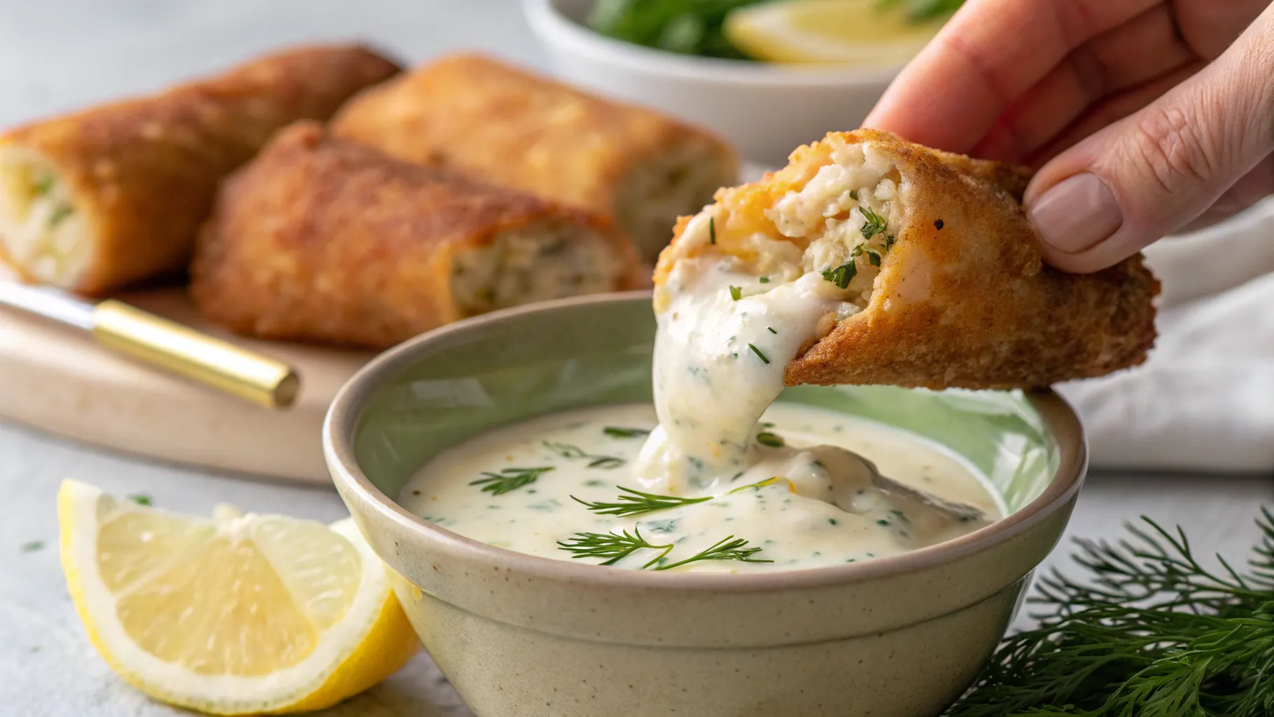 a close up shot of Crab Cake Egg Rolls with Lemon Dip