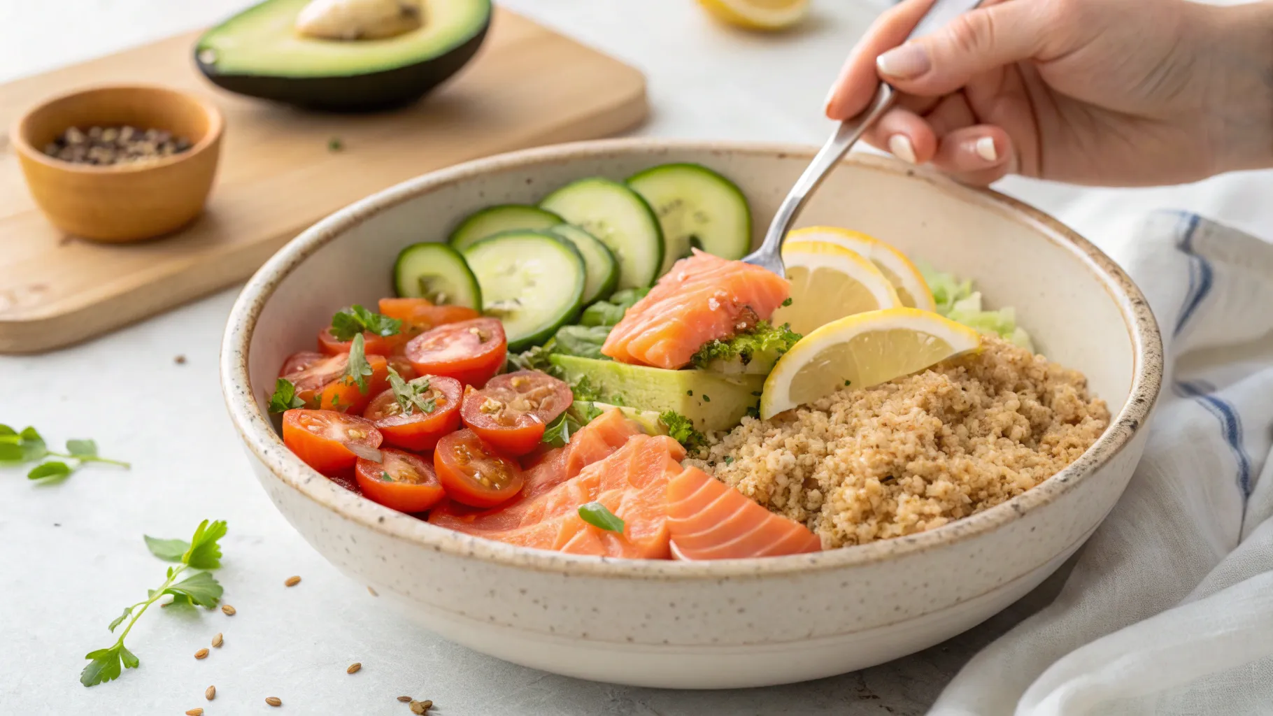 a bowl of Lemon Herb Salmon and Avocado Quinoa Bowl