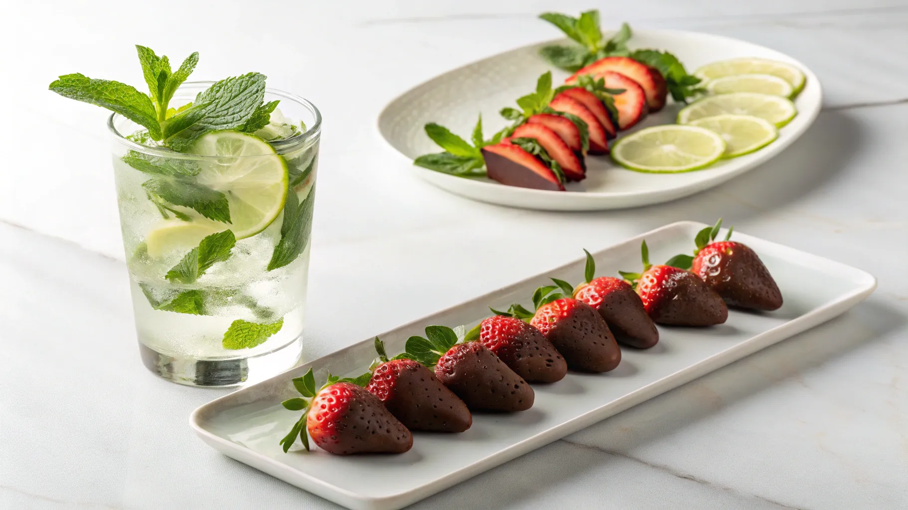 a-single-glass-of-mojito-with-a-plate-of-strawberries-dipped-in chocolate