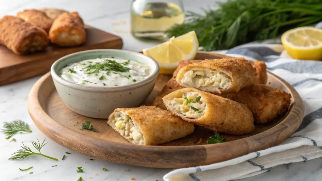 Crispy Crab Cake Egg Rolls with Lemon Dip