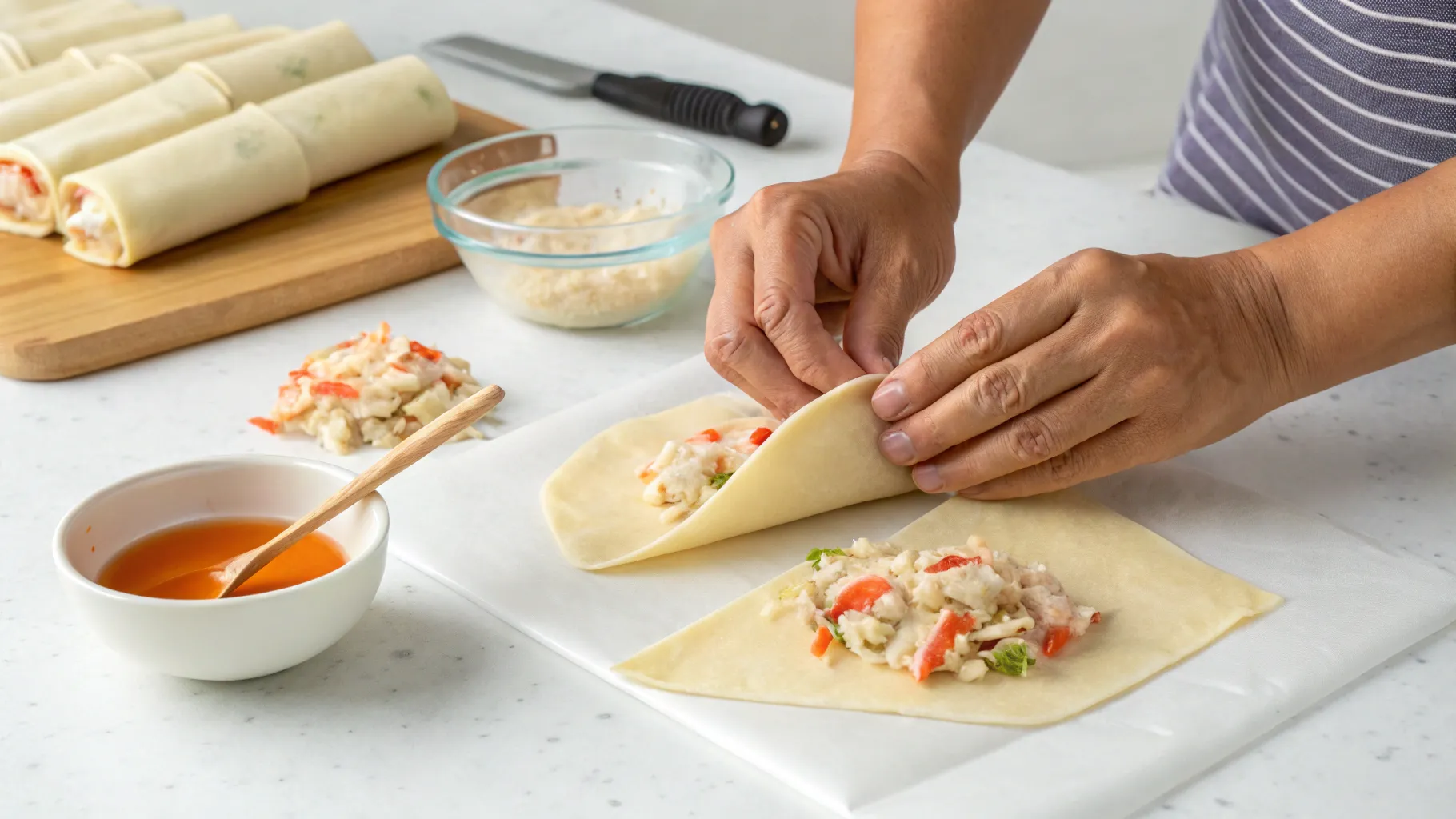 asembling the Crab Cake Egg Rolls with Lemon Dip