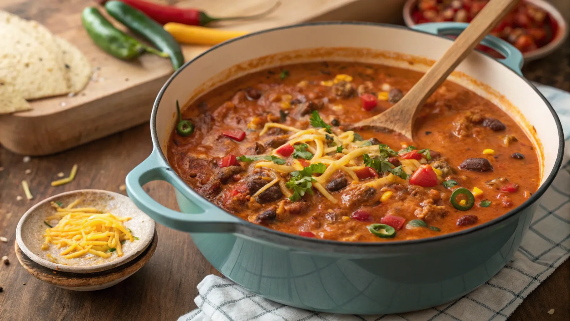 A pot of Cheesy Enchilada Chili