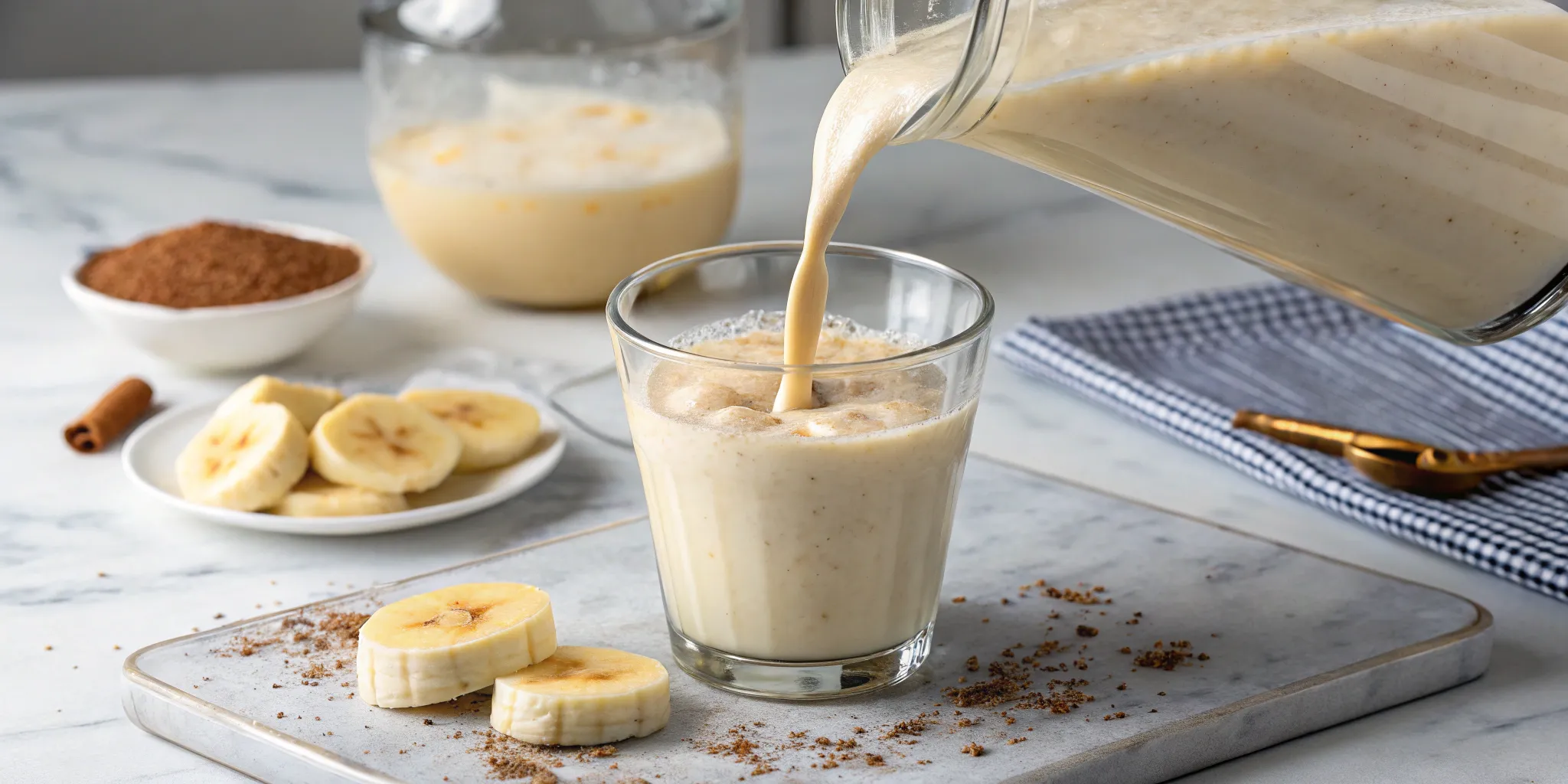 Pourring Banana Milkshake Without Ice Cream in a glass