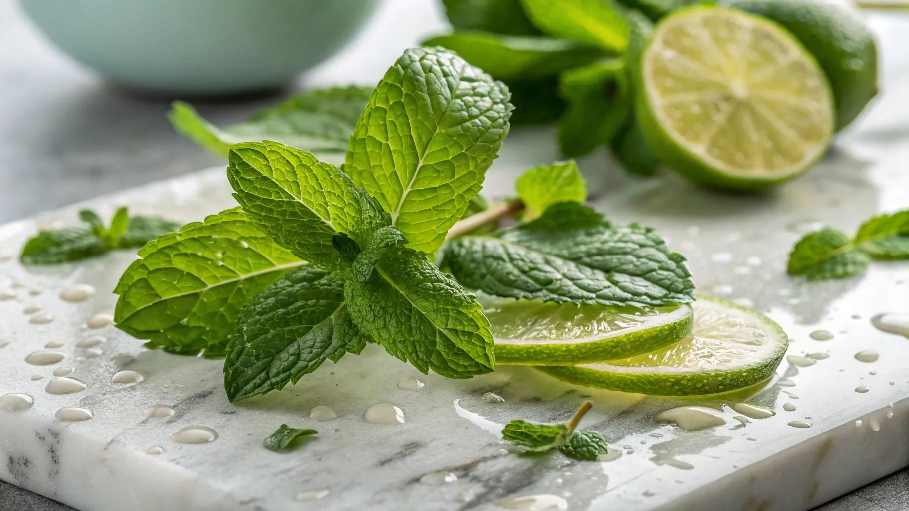 close-up-of-fresh-mint-leaves-and-lime-slices for mojito
