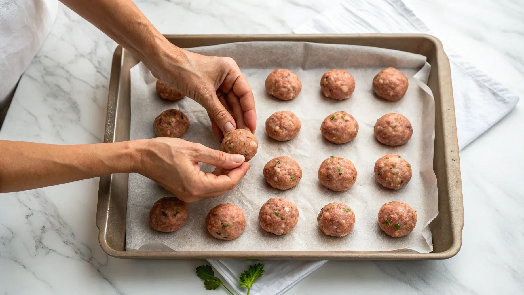 hands-forming-evenly-sized-meatballs. Swedish Meatballs