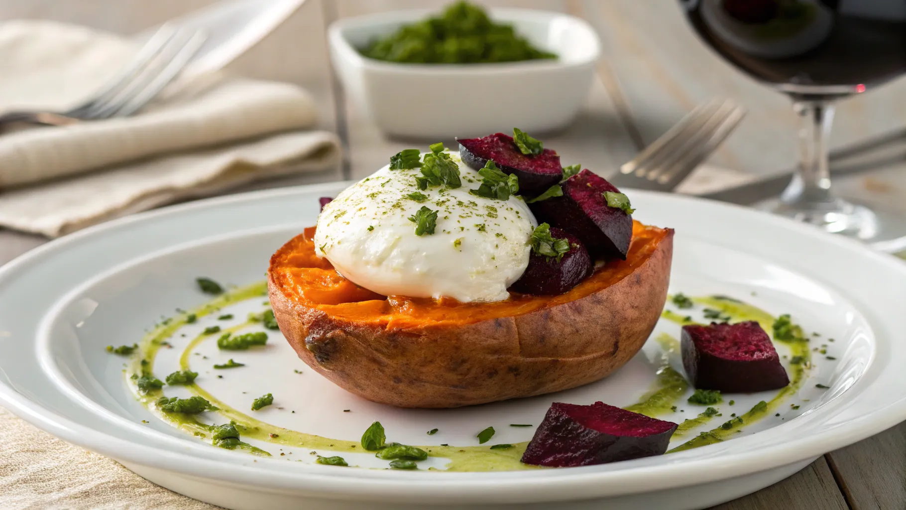 one Sweet Potato Rounds with Burrata, Roasted Beets, and Walnut Sage Pesto