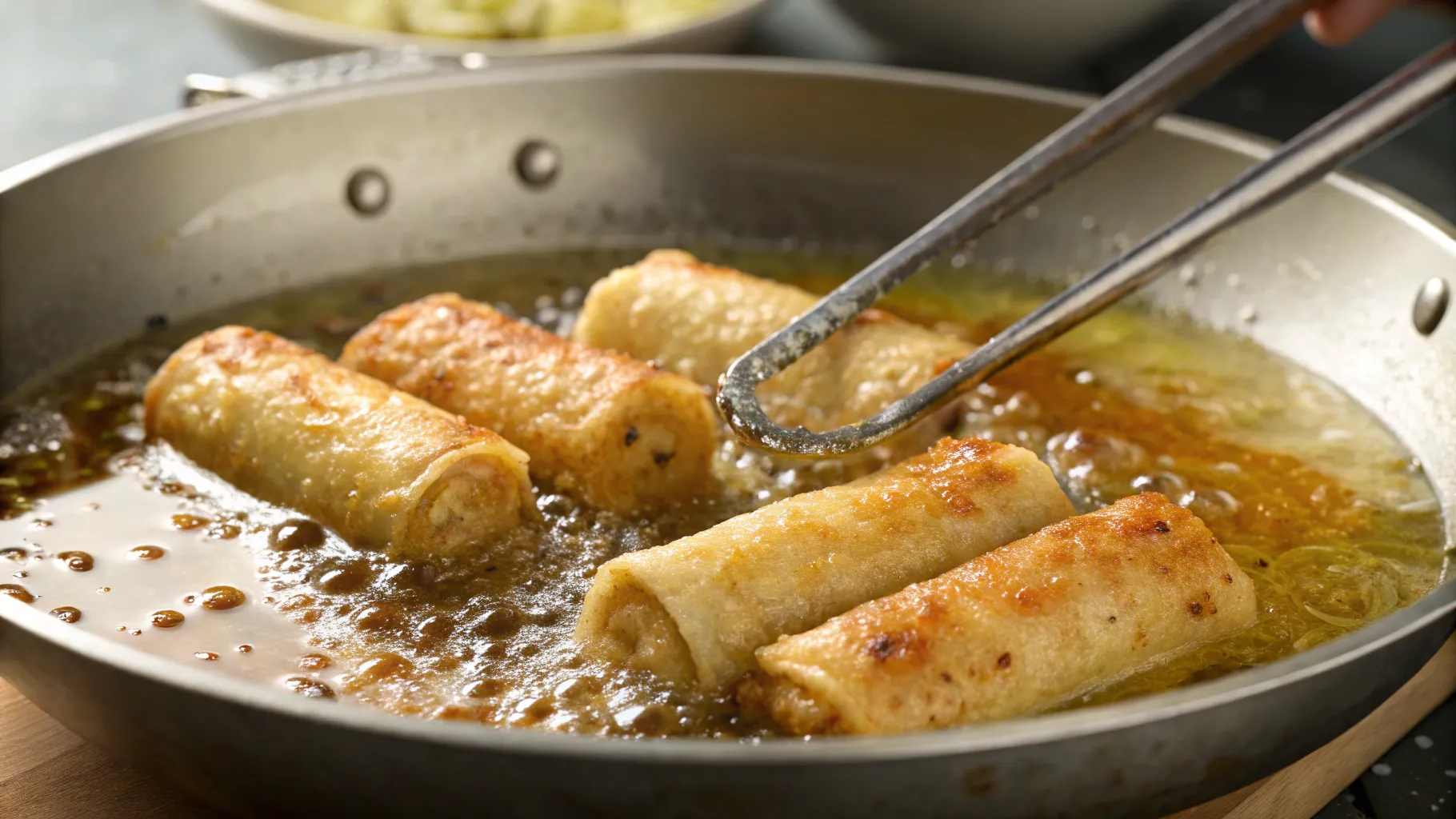 frying Crab Cake Egg Rolls with Lemon Dip