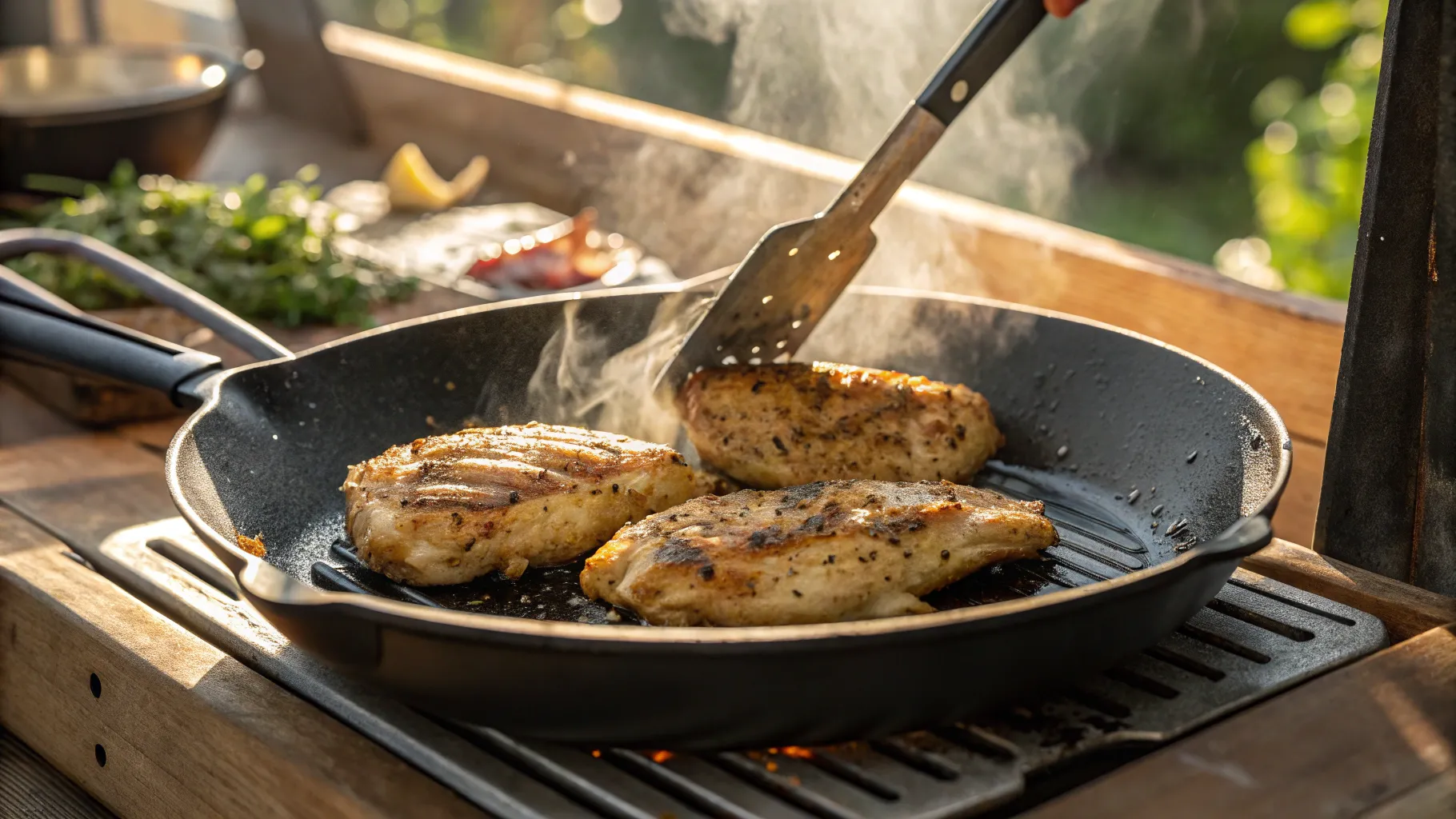 Grilling chicken for Street Corn Chicken Rice Bowl