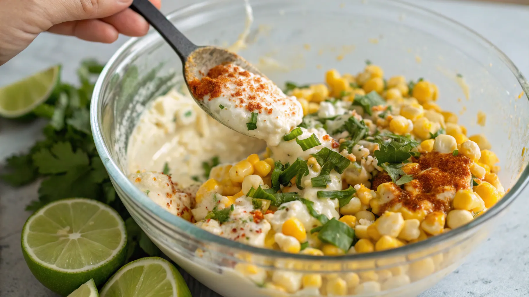 mixing Ingredients for a Street Corn Chicken Rice Bowl
