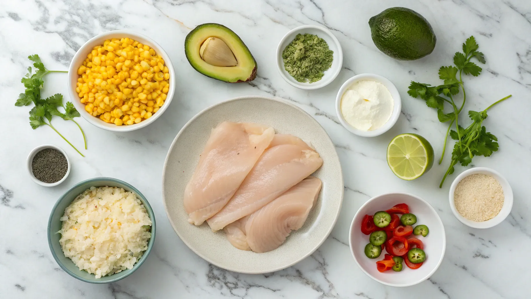 Ingredients for a Street Corn Chicken Rice Bowl