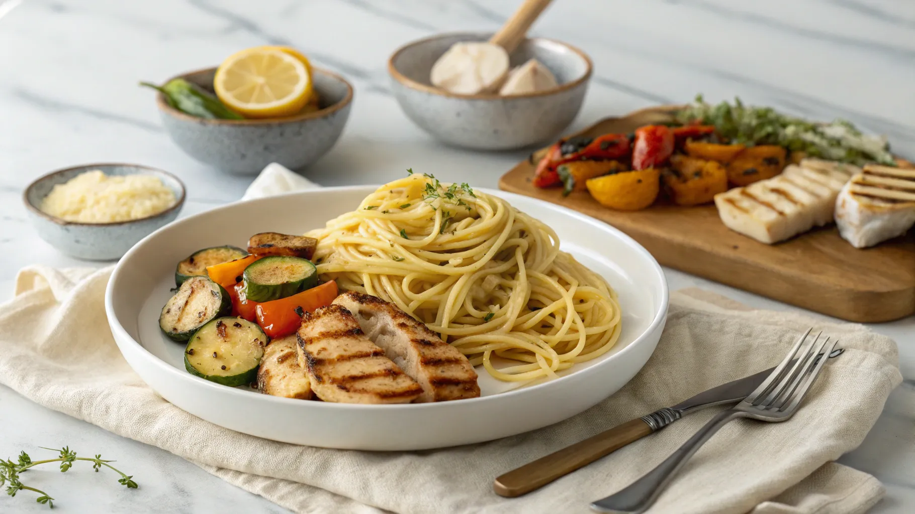 plated-garlic-butter-noodles-with-sides-of-roasted-vegetables