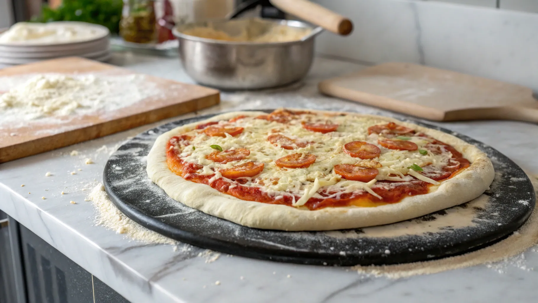 raw-topped-pizza-on-a-peel. Pizza Dough