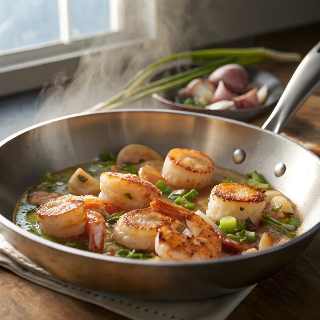 Preparing the sauce for Shrimp and Scallop Crepes
