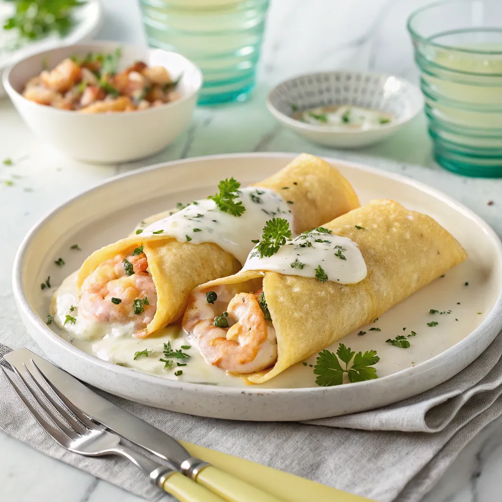Two golden Shrimp and Scallop Crepes