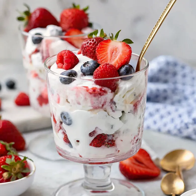 A glass of Red White and Blue Cheesecake Salad