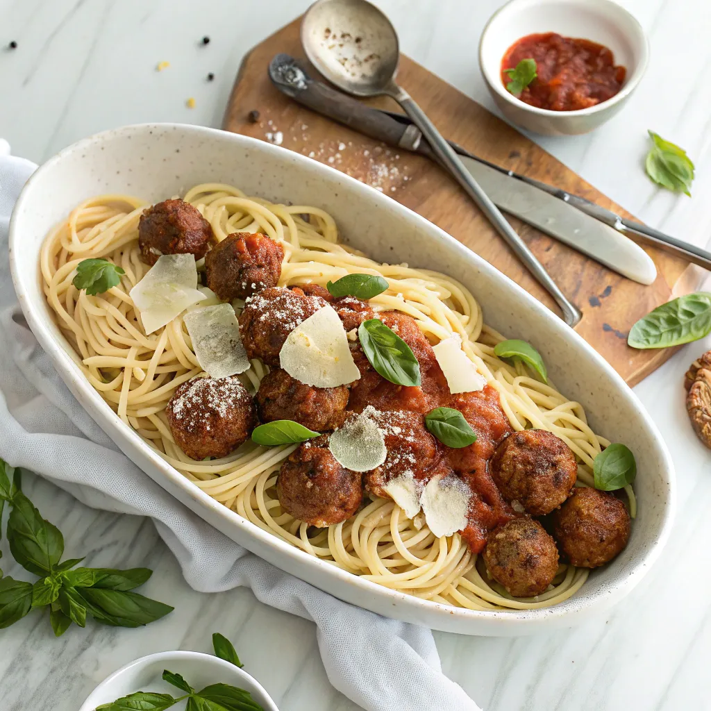 A platter filled with Spaghetti with Meatballs