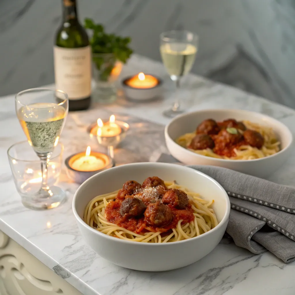 a dinner sitting of Spaghetti with Meatballs